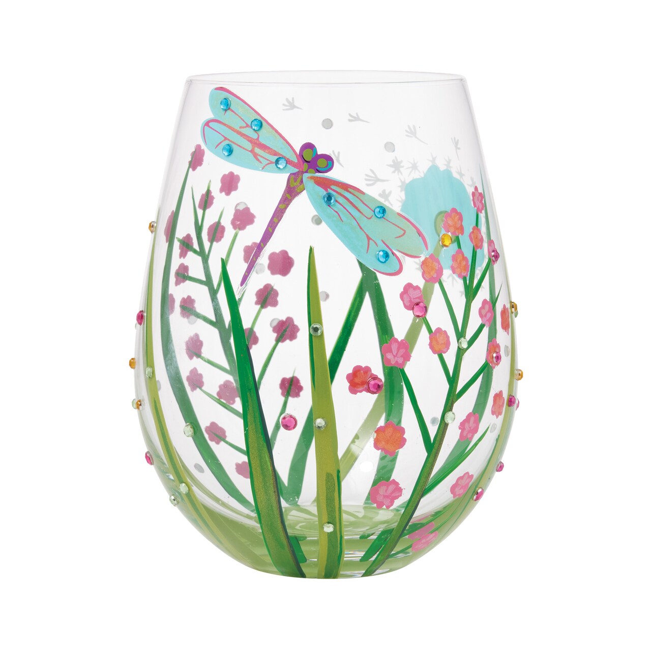 Lolita Glass Dragonfly Stemless Hand Painted Wine Glass 5in H